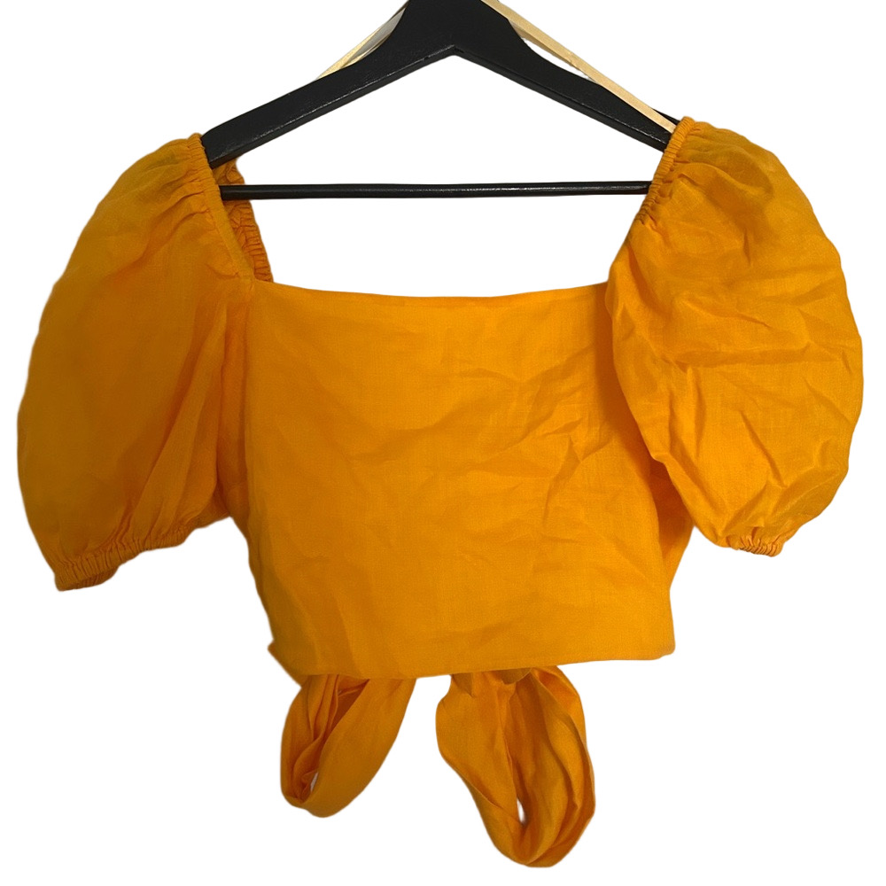 Luisa Spagnoli Yellow Linen Puff Sleeve Crop Top Italian Luxury Fairycore Size S